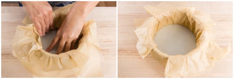Press them down into the cake pan, using the removable bottom to crease the paper into the pan and against the insides for a snug fit. Press and crease the paper edges down around the outside of the cake pan, too.