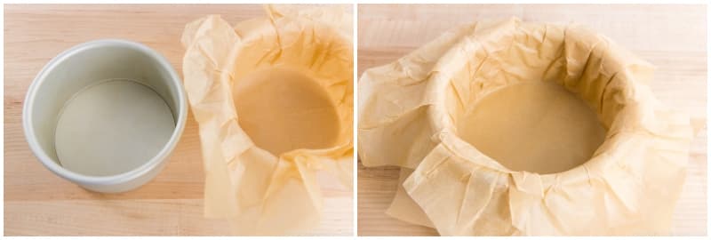 Gently take out the removable bottom and parchment sheets, now molded to the shape of the pan. Place the removable bottom back into the cake pan (as it should be). Then, fit the molded paper into the pan and press it down to fit snugly. (If you‘re doubling the recipe, repeat with a second cake pan.)
