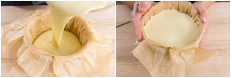 Pour the cake batter into the prepared pan in one go (avoid stop-and-go) so you don‘t create any air pockets. Tap the cake pan on the countertop a few times to eliminate air pockets.