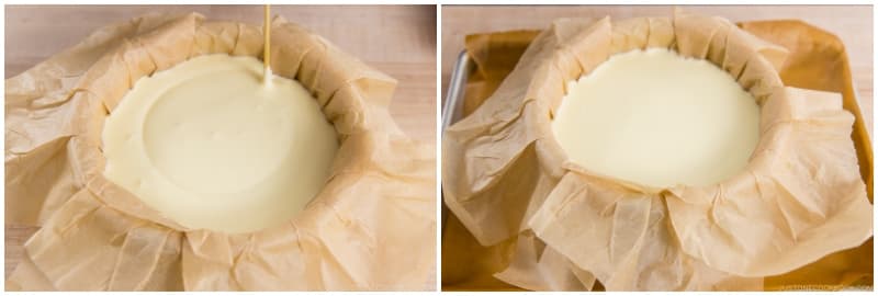 Pop any visible air bubbles with a bamboo skewer (or toothpick), then run the skewer through the batter to remove more bubbles. Place the cake pan on a baking sheet, just in case the cheesecake overflows during baking. Mine never did, but I still use a baking sheet to transfer the cake pan to and from the oven.