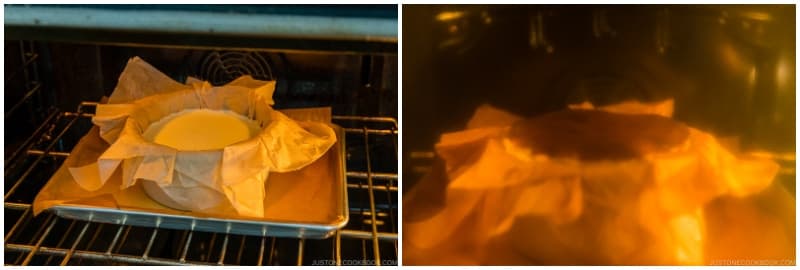 Transfer the baking sheet with cake pan into the preheated oven; do it quickly so you don't let much heat escape. Bake at 450ºF (230ºC) for a convection oven or 475ºF (245ºC) for a conventional oven until the top is dark amber/brown and the center is still very jiggly, about 30–35 minutes. Do not open the oven door while baking and lose heat. The top of my cake starts browning at the 30-minute mark, then gets dark brown within 5 minutes.