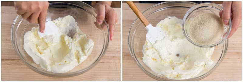 Press down on the cream cheese with a silicone spatula to soften it. Then, add ½ cup sugar. (For the blender method, scroll down to the next section.)Nami's Tip: A silicone spatula makes the batter is super smooth with fewer air bubbles.