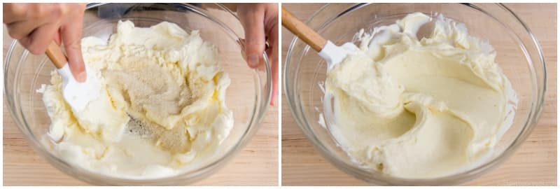Rub the mixture with the silicone spatula against the sides of the bowl to combine. The cream cheese will become fluffy and smooth as the sugar granules dissolve.