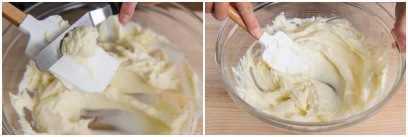 Frequently scrape the bowl and spatula to incorporate the ingredients well and prevent lumps.Nami's Tip: Get rid of lumps early, as it's harder to do when the batter is more liquid.