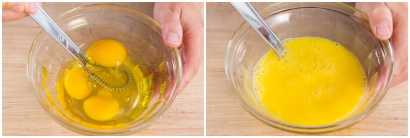 Crack 3 large eggs (50 g each w/o shell) in another bowl and whisk well.Nami's Tip: Whisking in a separate bowl is extremely helpful for blending, instead of cracking eggs one at a time into the cream cheese.