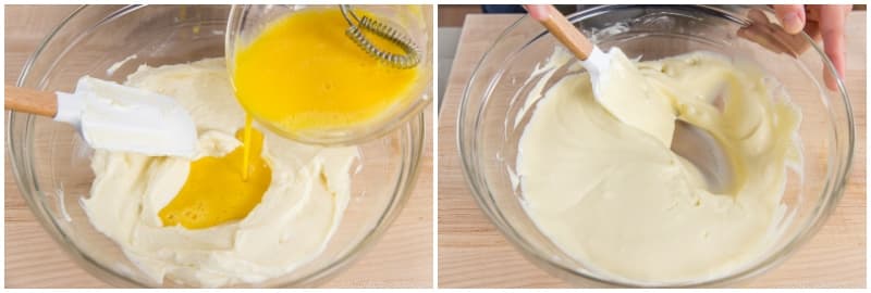 Slowly and gradually add the beaten eggs to the cream cheese mixture, one-third at a time. Make sure the batter is smooth and with no lumps before adding more egg.