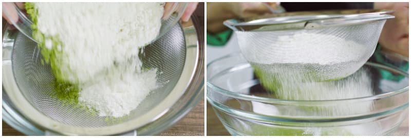 Sift the flour and the matcha powder.