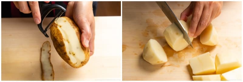 Peel 2 russet potatoes and cut them into 1½-inch (3.8-cm) pieces; I usually cut each potato into four pieces. Cut the pieces about the same size so that they’ll cook evenly.