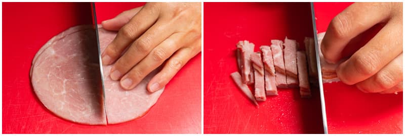 Cut 2 slices Black Forest ham into 1-inch (2.5-cm) thin strips and set aside.