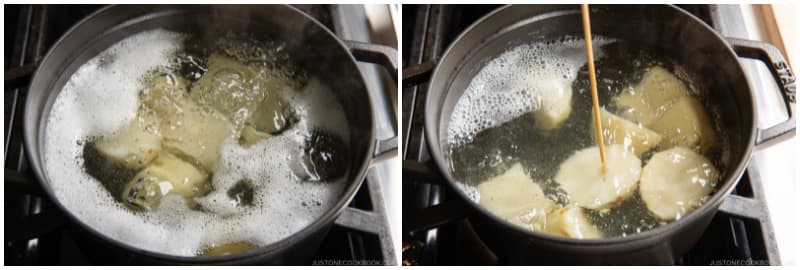 Once the water is boiling, remove the lid and reduce the heat to medium. Cook on a gentle boil until a skewer pierces a potato smoothly, about 15 minutes.