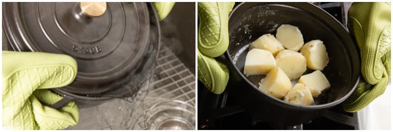 Drain the water completely from the pot using the lid to hold back the potatoes. Put the pot with the potatoes back onto the stove over medium heat to evaporate any remaining water completely, shaking the pot constantly to avoid sticking. When there is no liquid left, remove the pot from the heat.