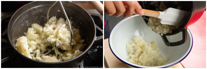Mash the potatoes lightly, leaving some small chunks for texture. Transfer the potatoes to a large bowl.