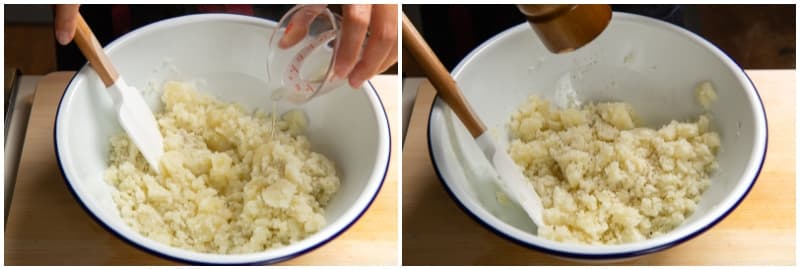 While the potatoes are hot, toss with 1 Tbsp rice vinegar (unseasoned) and freshly ground black pepper. Set aside to cool. Tip: Why not add mayonnaise here? Because the mayo will separate if you add it to hot potatoes. Therefore, work on the other ingredients while the potatoes cool down.