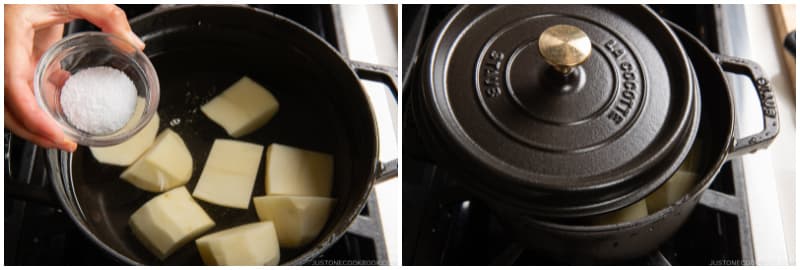 Put the potatoes in a medium pot and add cold water to cover by 1 inch (2.5 cm). Add 2 tsp Diamond Crystal kosher salt to the pot and turn on the heat to medium high. Cover with the lid, leaving it slightly ajar to avoid a boilover. Tip: Start cooking the potatoes in cold water to heat them up slowly so they cook through evenly. While you‘re cooking and cooling the potatoes, prepare the other ingredients (see the next section).