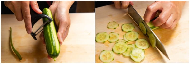 Peel 1 Persian cucumber leaving some skin on to create a striped pattern, and thinly slice it crosswise. Tip: If you‘re using a large cucumber, you may need to cut it in half or quarters lengthwise before slicing it.