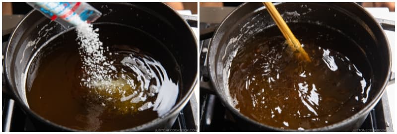 If you are using a Japanese oil solidifier, add the powder into the hot oil right after deep-frying and mix well.