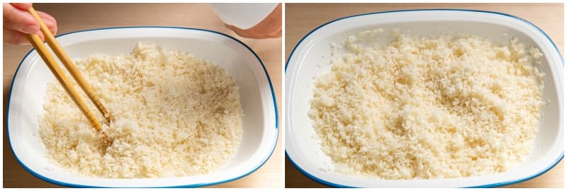 If you are using dry panko from the store, place ½ cup panko (Japanese breadcrumbs) in a deep dish and spray with water until the panko is moist (I use a mister). Set aside for 15 minutes, or until the panko becomes soft and tender. Optionally, you can make fresh panko by pulsing some Shokupan (Japanese Pullman bread) in a food processor.