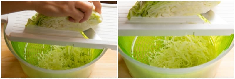 In Japan, we serve tonkatsu with a side of fresh shredded cabbage. To prepare it, shred ¼ head green cabbage very finely with a sharp knife or slicer. I love to use a cabbage slicer (you can get one from Amazon or JOC Goods) because it saves time and energy! I also thinly slice 1 Japanese or Persian cucumber diagonally, then cut them into thin strips. Toss the cabbage and cucumber together and set aside.
