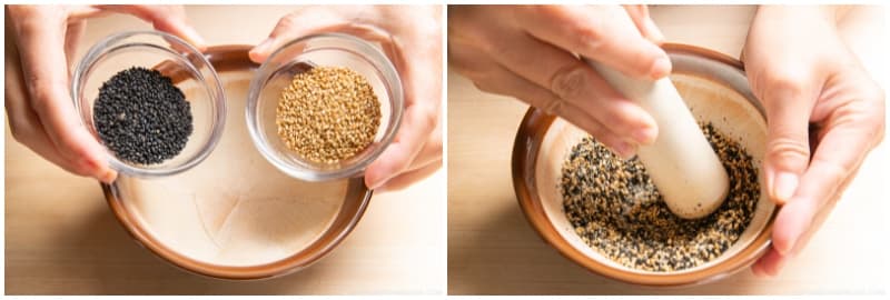 Grind 1 Tbsp toasted white sesame seeds and 1 Tbsp toasted black sesame seeds with a Japanese mortar and pestle. Leave some seeds unground for texture.