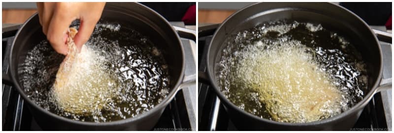 Gently put one pork cutlet into the oil and let it cook for 1 minute. Don‘t flip it or touch it for 30 seconds. Tip: Why one piece at a time? Too much food at once will drastically reduce the oil temperature, and the tonkatsu will absorb too much oil. You should see big oil bubbles when you add the pork. Also, monitor the oil temperature so it doesn't rise above 340ºF (170ºC). If it does, the breading will get dark before the pork is cooked and you meat will be undercooked.
