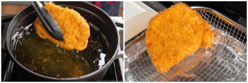 Remove the pork and let the excess oil drip off by holding the cutlet vertically over the pot for a few seconds. Place it on a wire rack or paper towel and prop it on its side, if possible, to drain excess oil. Let it sit for 4 minutes. The residual heat will continue to cook the meat as it rests.