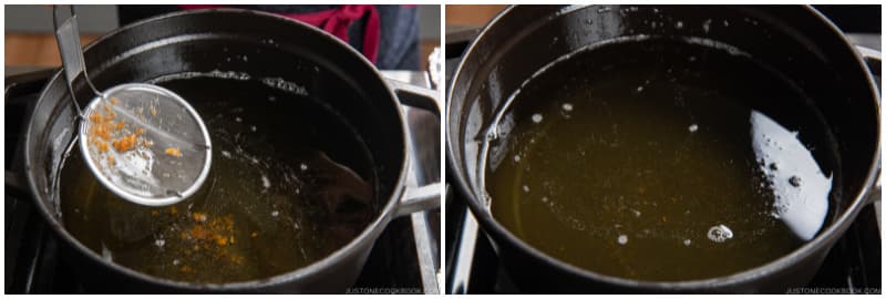 Turn off the heat temporarily. Scoop up and discard any fried crumbs in the oil with a fine-mesh strainer. Keep the oil clean of fried crumbs, which can burn and make the oil dark and dirty. Then, turn on the heat again to medium and bring the oil back to 340ºF (170ºC).