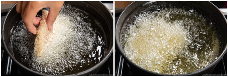 While the first cutlet is resting on the wire rack, deep-fry the second cutlet for 1 minute without flipping. Do not touch it for 30 seconds.