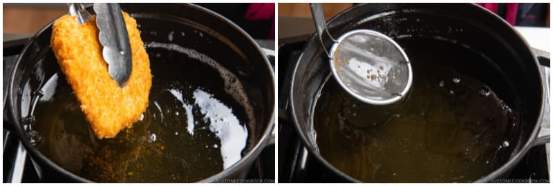 Take out the pork and drain the excess oil as before. Place it on the wire rack and let it rest for 4 minutes. Clean the oil of fried crumbs.