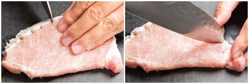 Use a sharp knife to remove the extra fat from 2 boneless pork loin chops (½ inch thick). Then, make several small slits on the connective tissue (the white area) between the meat and fat. Tip: Red meat and fat have different elasticities, and they shrink and expand at different rates while cooking. These slits will allow the tonkatsu to stay flat during cooking instead of curling up.