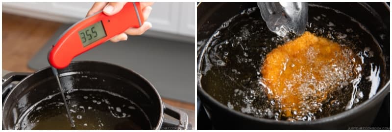 Raise the oil temperature to 355ºF (180ºC). After 4 minutes, the first piece of pork is ready for its second frying. Fry the cutlet again for 30 seconds on one side, then 30 seconds on the other side. Remove from the oil, let the oil drip off, and drain on the wire rack for 2 minutes. This prevents the breading from getting soggy on one side.