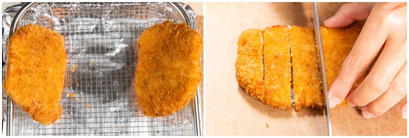 Cut the tonkatsu crosswise into slices about ¾ inch (2 cm) wide.