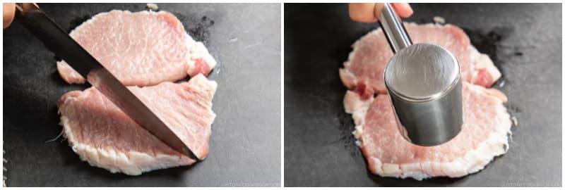 Pound both sides of the meat with the back of a knife or a meat tenderizer/mallet.