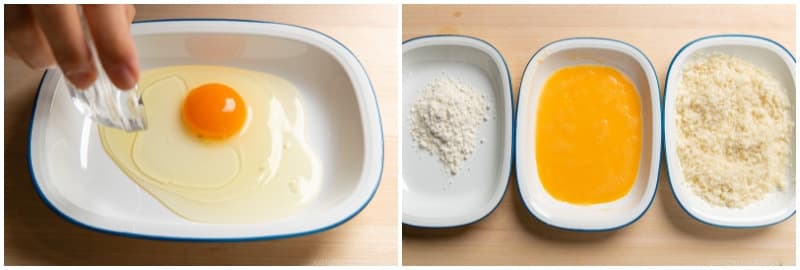 Meanwhile, prepare the other breading ingredients. Crack 1 large egg (50 g each w/o shell) into a deep dish or my favorite prep trays. Add ½ Tbsp neutral oil and whisk together until well combined. Then, prepare another dish or tray with 2 Tbsp all-purpose flour (plain flour). Tip: By adding oil, the breading won’t detach from the meat while deep-frying and this will help seal in the meat's juices and flavor.