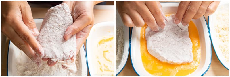First, dredge the pork in the flour and dust off any excess. Next, dip the pork into the egg mixture and coat well. Tip: Excess flour will prevent the egg mixture from adhering to the pork.