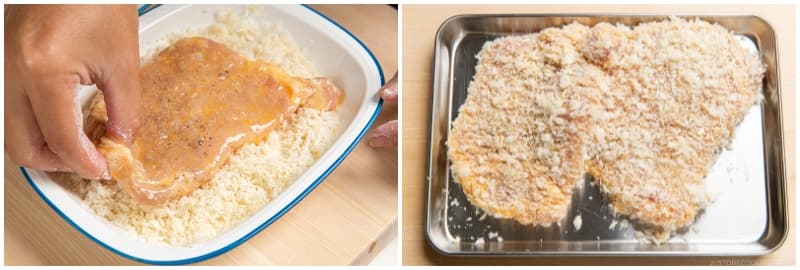 Lastly, dredge the pork in the fresh panko and gently press it to adhere to the cutlet. Gently shake off any excess, then place the breaded cutlets onto a tray or plate. Set them aside for 5–10 minutes to set the breading. Tip: The panko will “puff up” while deep-frying, so it doesn't have to be fluffy at this stage.