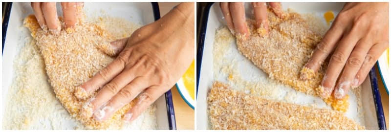 Finally, coat the chicken with panko and gently press it to adhere to the cutlet. Gently shake off any excess, then place the breaded cutlet onto a tray or plate. Repeat with the other piece.