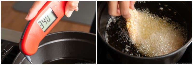 If the oil isn't hot enough (340ºF or 170ºC), increase the heat to medium. Once it reached the right temperature, carefully add one breaded cutlet to the oil. I recommend frying one at a time, as adding too many will lower the oil temperature too fast. Keep the heat on medium and adjust as needed to maintain the right temperature. Nami's tip: If you are new to deep-frying, learn more tips on my How to Deep Fry Food page.