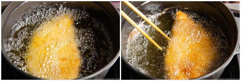 Deep-fry for a total of 3 minutes, flipping it over at the halfway point. Tip: Do not overcrowd the pot. Your ingredients should take up no more than about half of the oil surface area. If you add too much food, the temperature will drop quickly and the chicken will absorb too much oil.