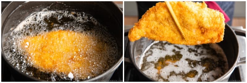 Cook until both sides are golden brown. Remove the chicken and let the oil drip off by holding the cutlet vertically over the pot for a few seconds. Then, transfer it to a wire rack or tray lined with paper towels. If possible, keep it on its side to drain excess oil.