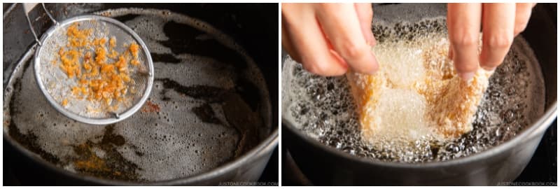 Scoop up and discard any fried crumbs in the oil with a fine-mesh strainer. Then, cook the other cutlet. Tip: Throughout cooking, keep the oil clean of crumbs, which can burn and make the oil dark and dirty.