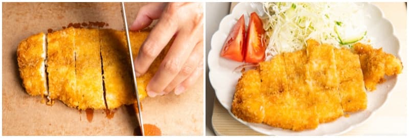 Cut the chicken katsu into 1-inch (2.5 cm) pieces and serve it with tonkatsu sauce. Typically, I serve it with a side of shredded green cabbage and my Japanese Sesame Dressing. I also add a few wedges of tomato for color.