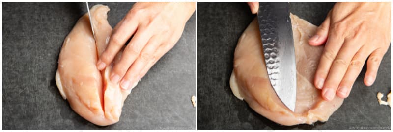 Then, turn the knife parallel to the cutting board and slice from the center toward the left side (or the right side, if you‘re left-handed) to make it evenly thin. Stop before you cut all the way through, and open it like a book. Imagine we‘re creating a French door.
