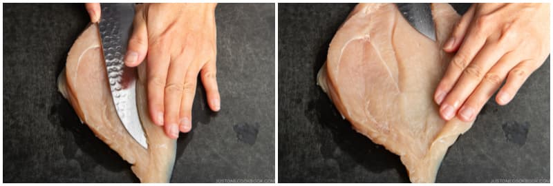 Turn the chicken 180 degrees and butterfly the second side, creating another “door.“