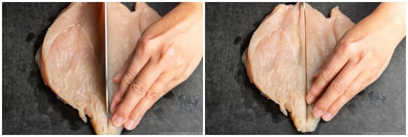 Cut the chicken in half down the center. Now, you have two pieces.