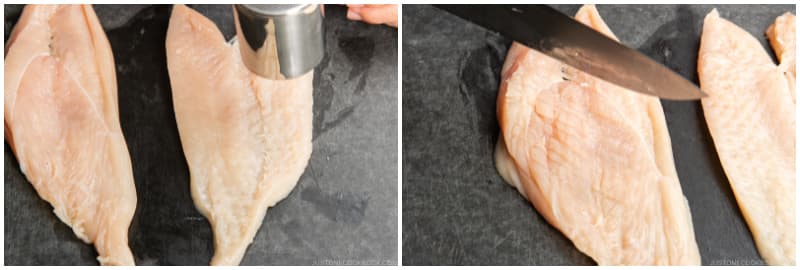 With a meat mallet or the back of the knife, pound the chicken pieces to an even thickness of about ¼–½ inch (6 mm–1.3 cm).