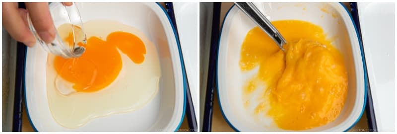 Add ½ Tbsp neutral oil to the egg and whisk it together. Tip: By adding oil, the breading won’t detach from the chicken while deep-frying and this will help seal in the chicken's juices and flavor.