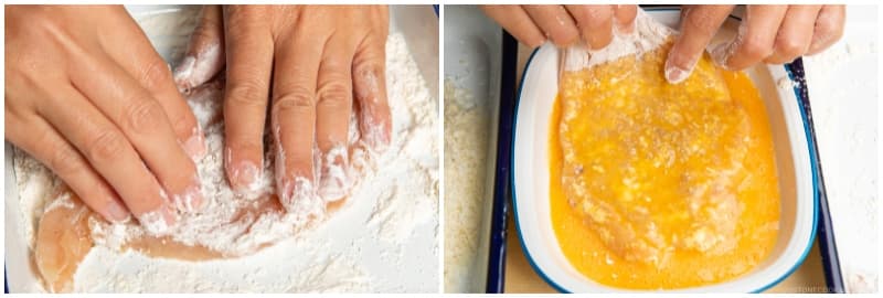 Dredge the chicken in flour and shake off the excess. Then, coat it with the egg mixture.