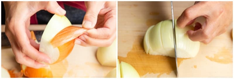 Cut 2 onions into wedges. I like to have the texture of the onions in my curry, so I cut them into thick wedges. If you prefer, you can mince or thinly slice the onions so they disintegrate into the sauce.