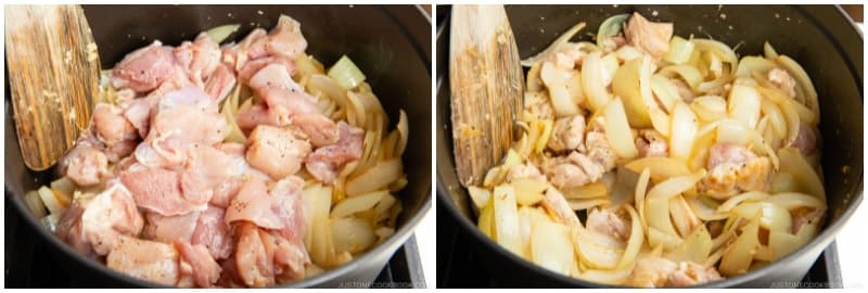 Add the chicken and cook, stirring frequently, until it‘s no longer pink on the outside. If the onions are getting too brown, reduce the heat to medium low temporarily.