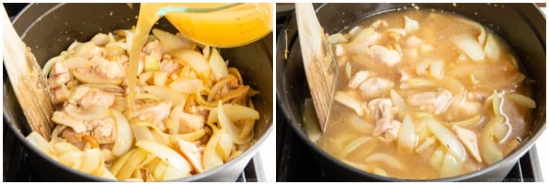Add 4 cups chicken stock/broth. To reduce the sodium, you can substitute with water only or use half stock and half water, if you prefer. Tip: If you‘re using my homemade curry roux, you don‘t need to worry as it does not contain salt.